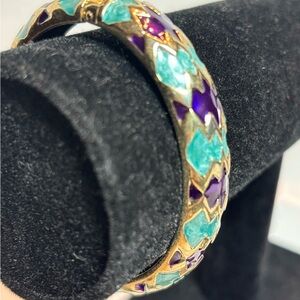 Vintage Purple Turquoise Gold Cloisonné Enamel Hinged Bangle Bracelet